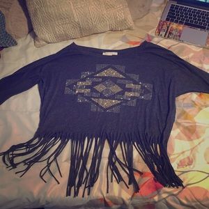 Forever 21 Dark Grey Rhinestone Fringe Crop Top